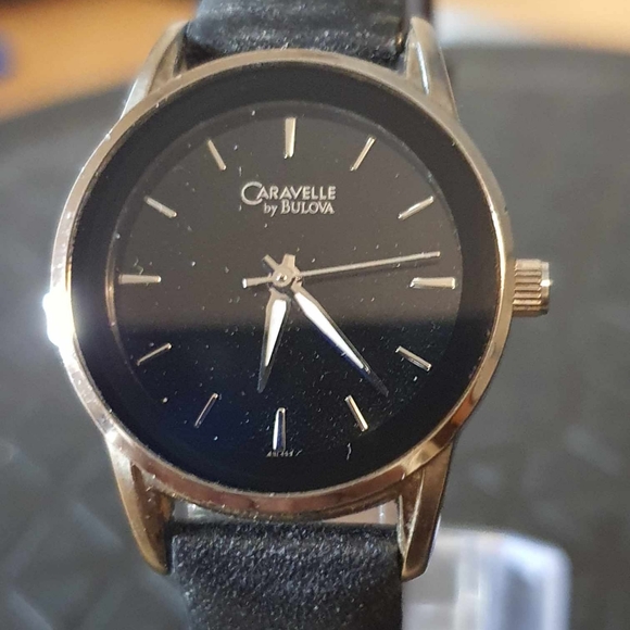 Vintage Caravelle by Bulova Silver/Black Leather Women's Watch